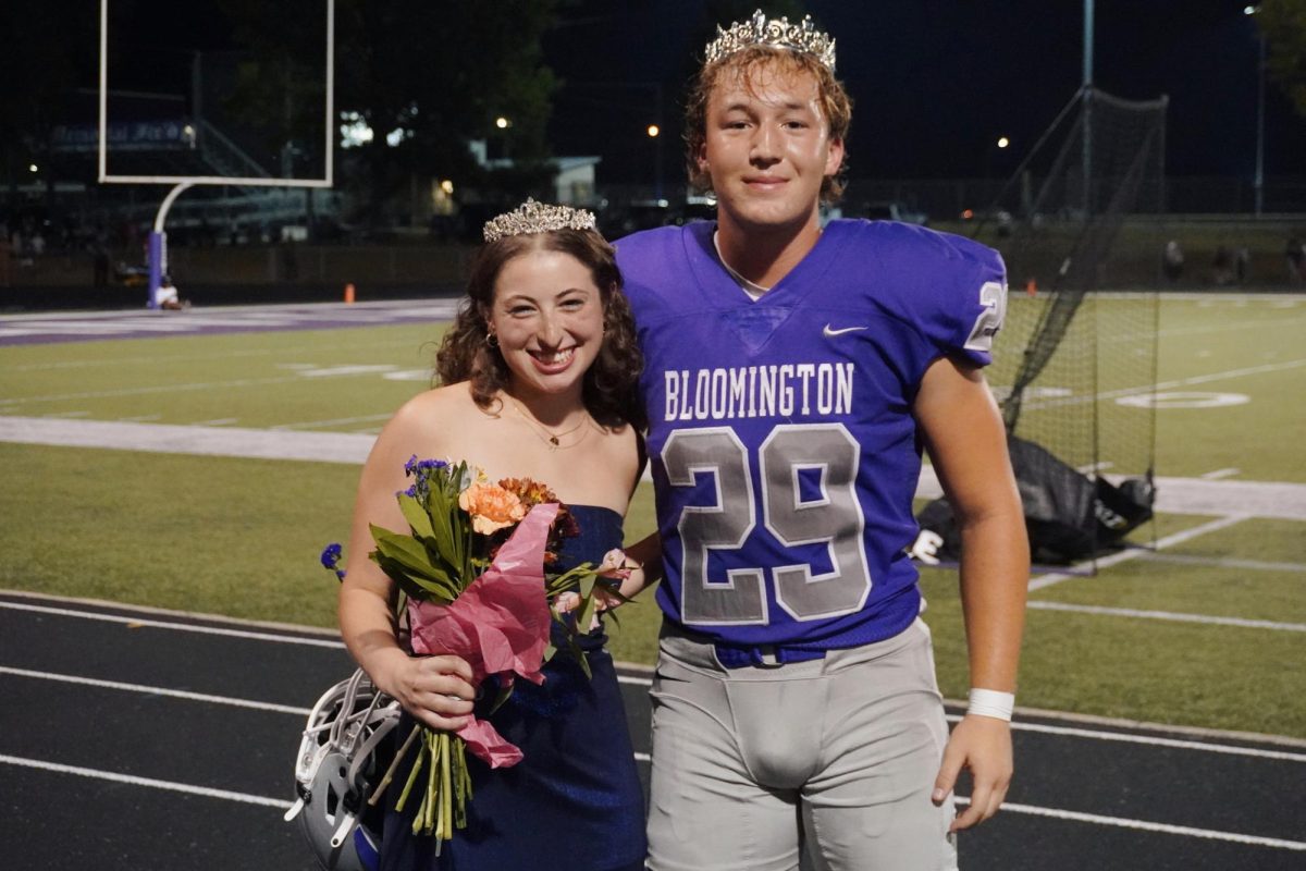 Seniors Zoe Gray (left) and Bryce Taylor (right) celebrate being crowned Homecoming Queen and King at halftime of the Panther football game, ahead of the dance on Friday, Sept. 20, 2024.